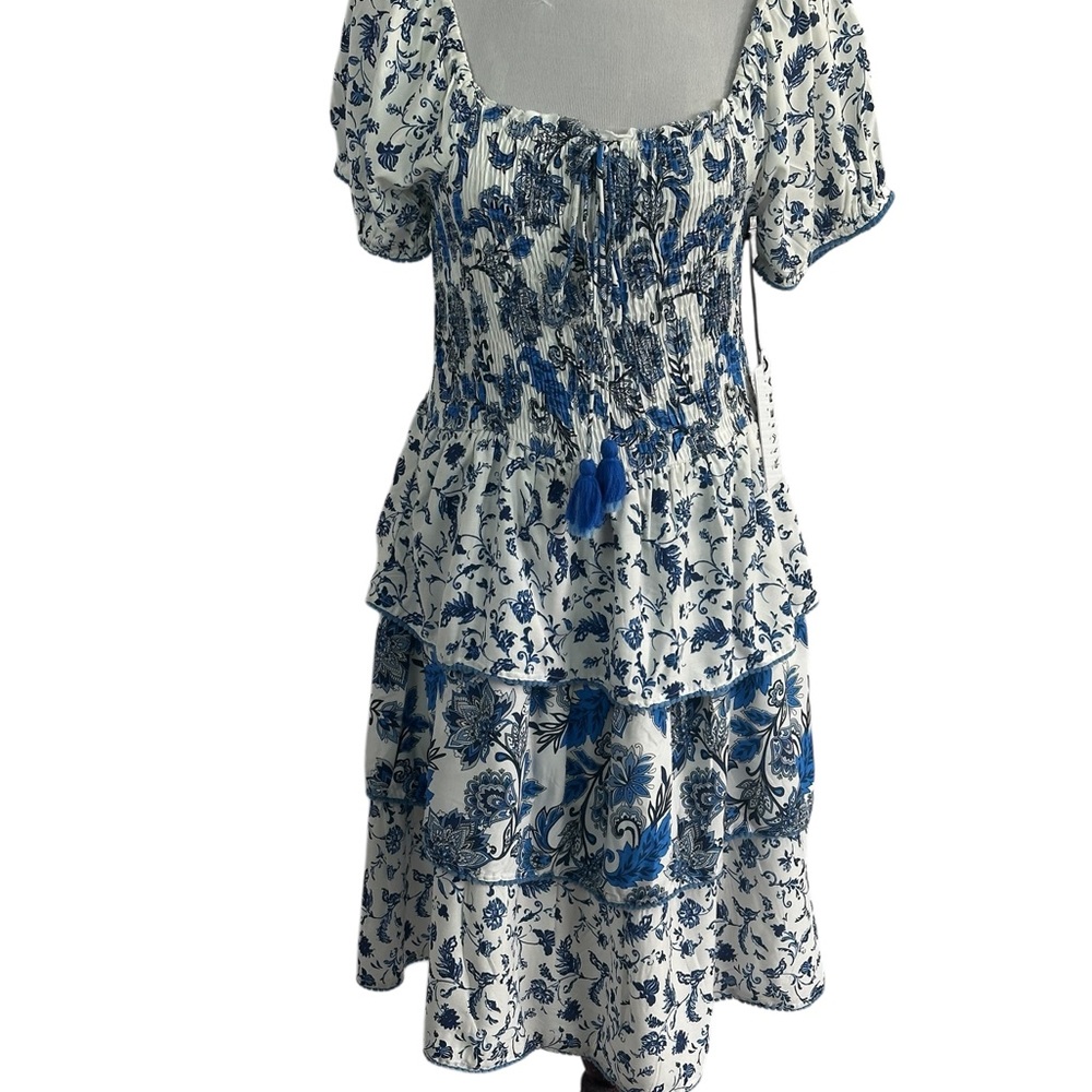 Margaux Riviera Blue &White Floral Smocked Tiered Dress Bohemian, Coastal Sz L